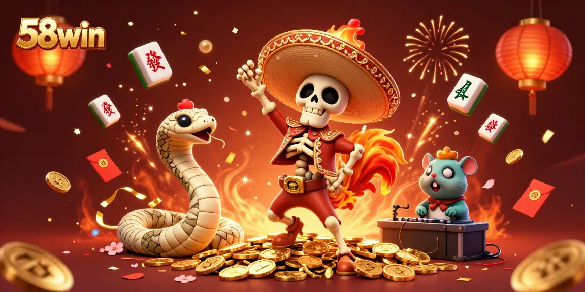 Experience the excitement of 58win with a captivating festive scene showcasing vibrant characters and casino elements.