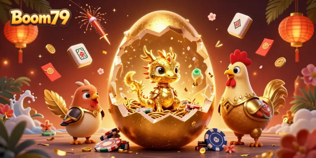 Experience Boom79 with a golden dragon revealing poker chips amidst vibrant casino elements.