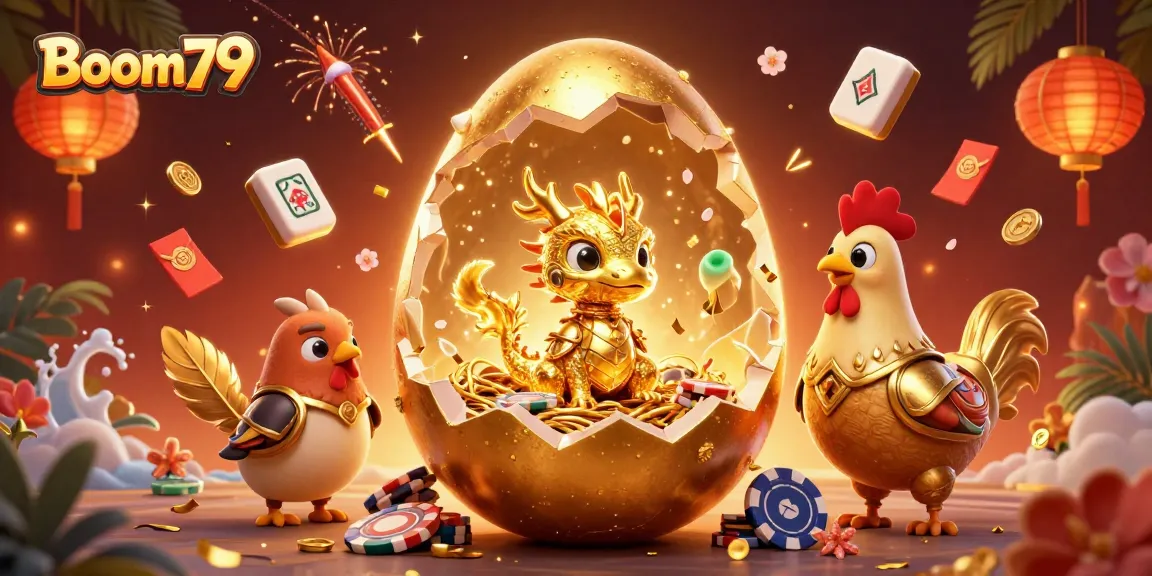 Experience Boom79 with a golden dragon revealing poker chips amidst vibrant casino elements.