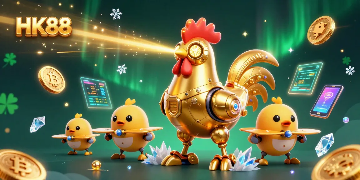 Engage in HK88's thrilling gaming experience with dynamic action from golden rooster robot and chick drones.
