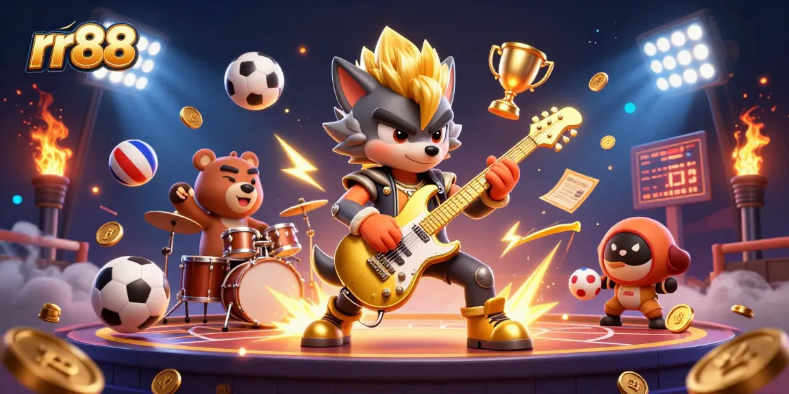 Experience thrilling gameplay at rr88 with a vibrant 3D casino scene featuring rock star characters amid high-energy sports elements.
