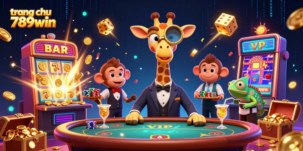 Experience excitement at trang chu 789win with a vibrant casino scene featuring a high-roller giraffe.