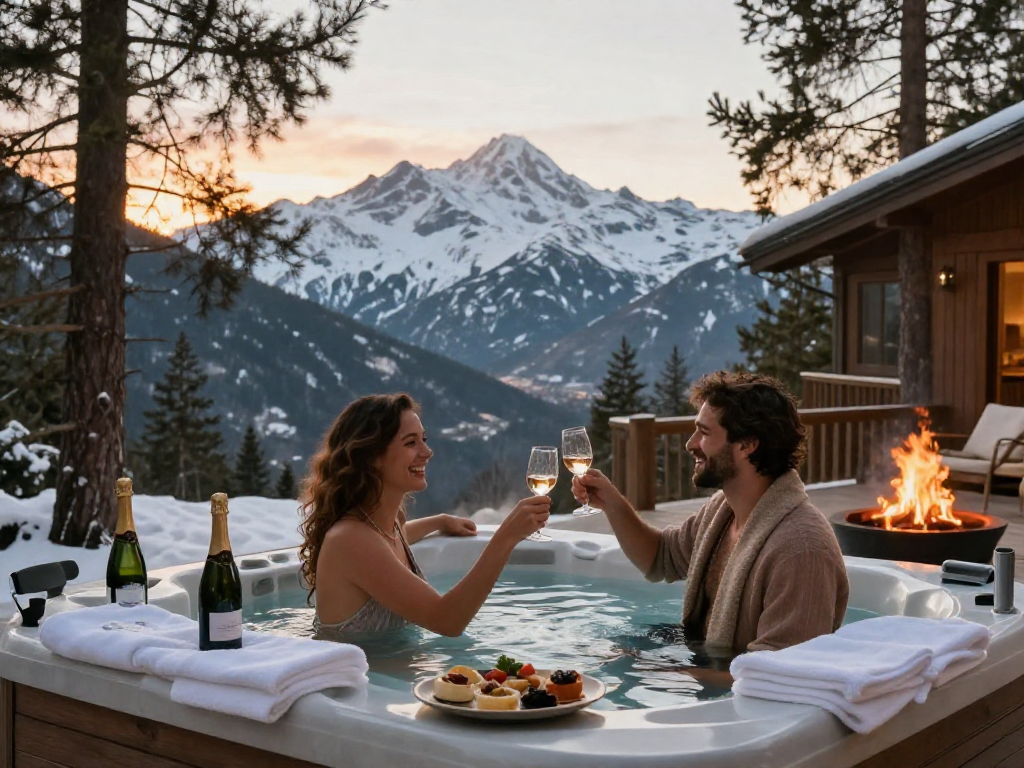Pengalaman mewah LUXURY111 di resor pegunungan dengan pasangan menikmati hot tub pribadi.