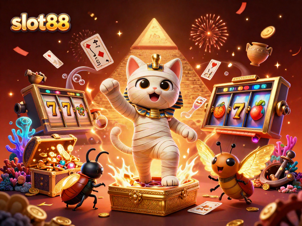 Menangkan jackpot di slot88 dengan kucing mumi dan simbol keberuntungan yang berkilauan.