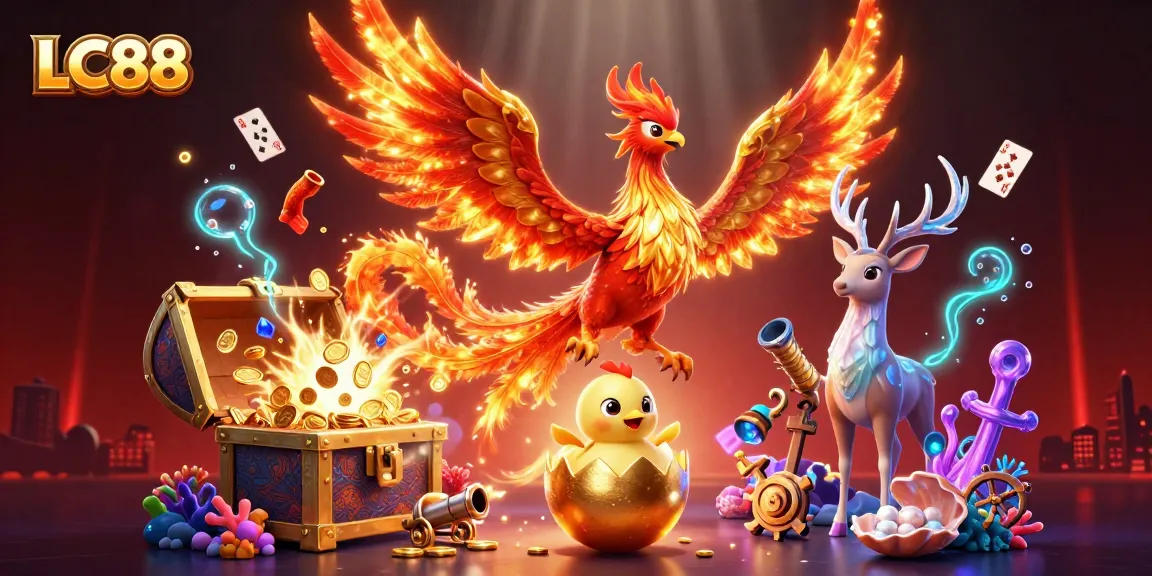 LC88 features a vibrant scene with a fire phoenix and treasure, capturing the thrill of online gambling.
