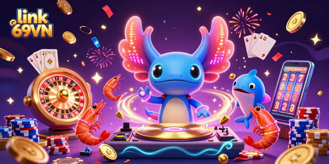 Experience the thrill of link 69VN while watching 3D cartoon characters dance amidst cascading coins and vibrant casino elements.