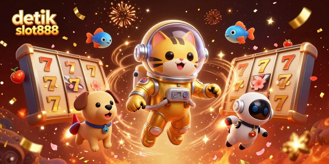 Engage with detik slot888's thrilling casino atmosphere featuring vibrant slot elements and dynamic characters.
