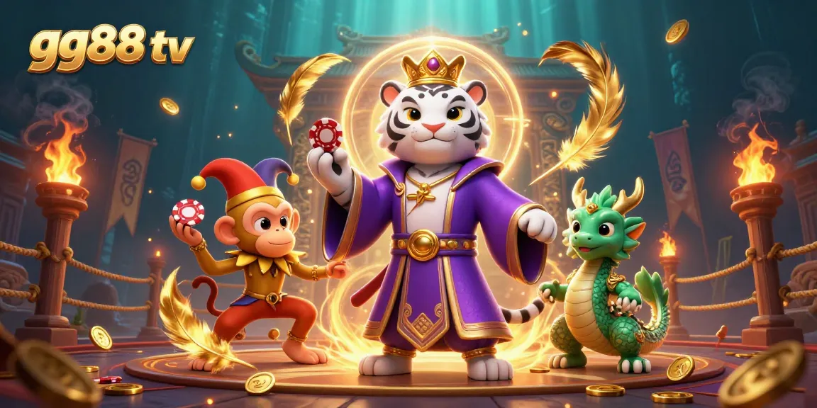 Engage with thrilling games at gg88 tv featuring a majestic tiger, playful monkey, and vibrant casino elements.