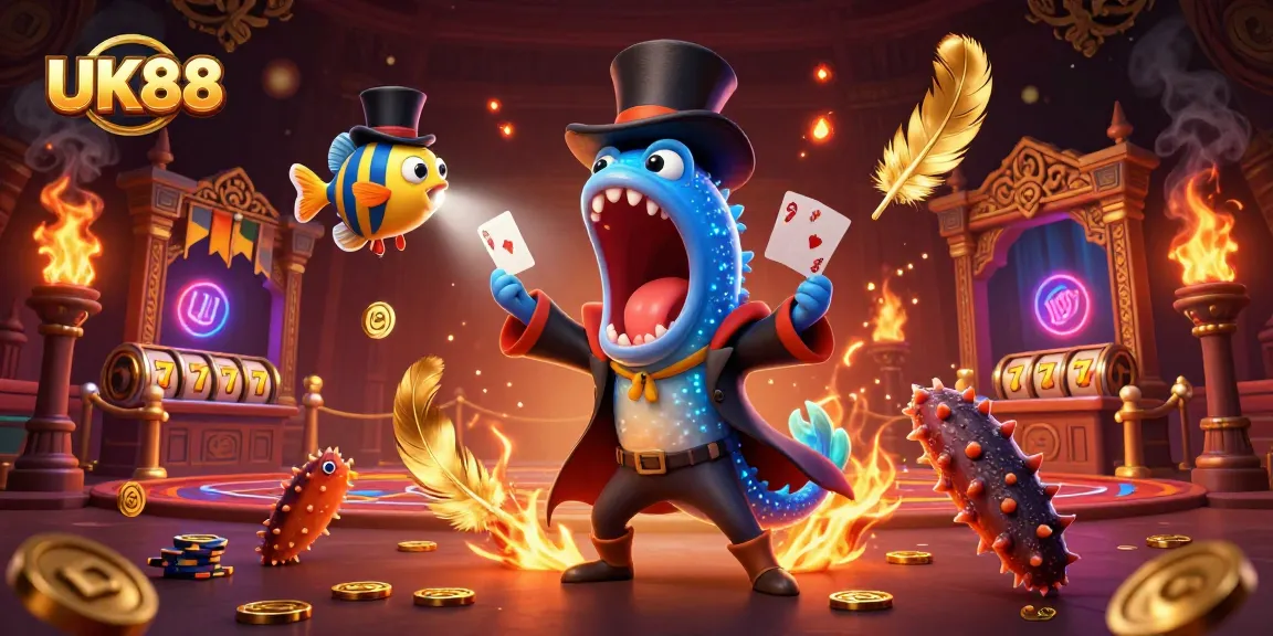 Experience UK88 with thrilling card tricks in a vibrant casino scene featuring fantastical sea creatures.