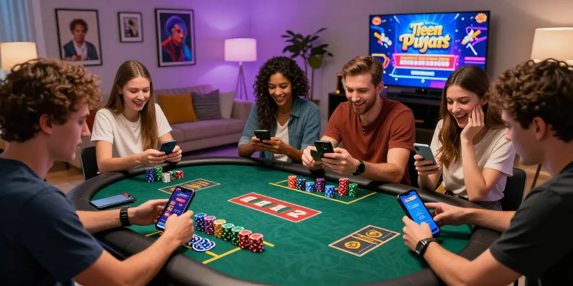 Exciting group playing Teen Patti on smartphones at https://teenpattivegasgame.com.pk/ during a lively gathering.