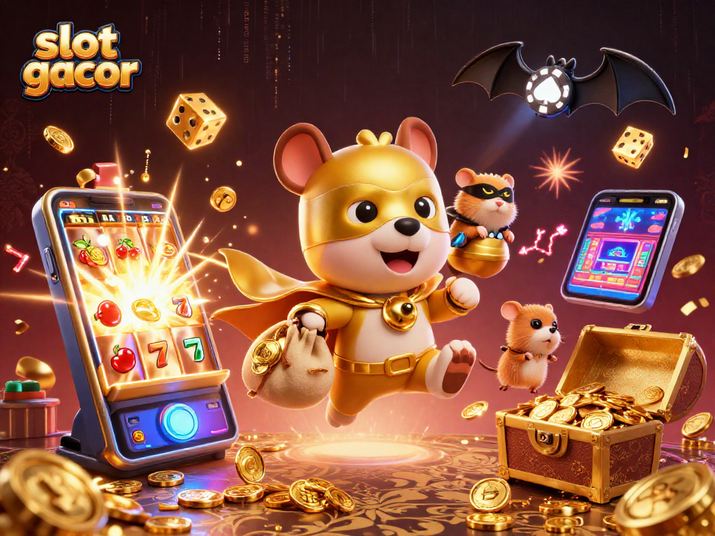 Experience the thrill of slot gacor with a superhero dog and a hamster in this vibrant casino scene.