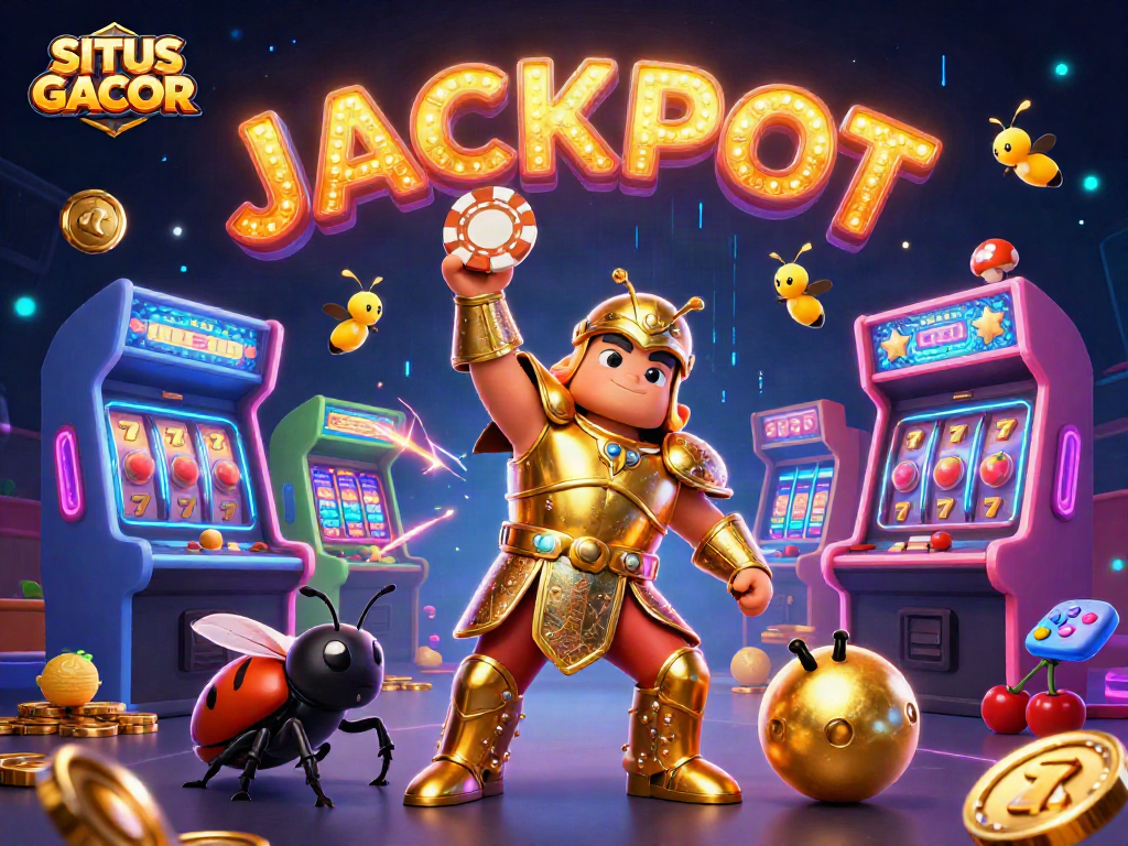 Spin to win at SITUS GACOR with 3D cartoon beetles celebrating a jackpot victory amidst colorful slot reels.