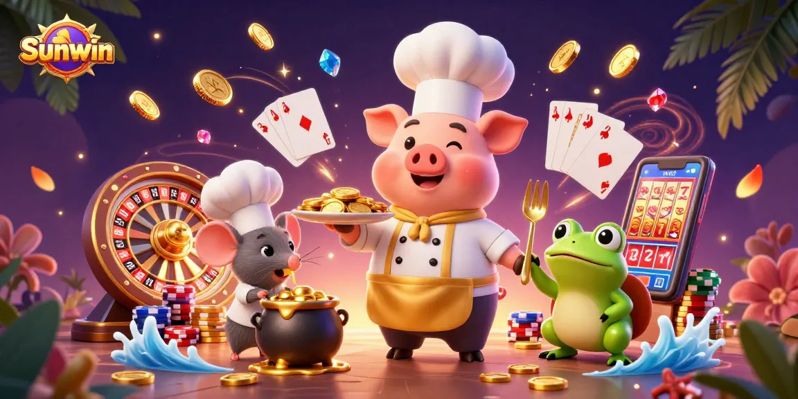Experience the excitement at Sunwin with cascading coins and a vibrant casino scene featuring game elements.
