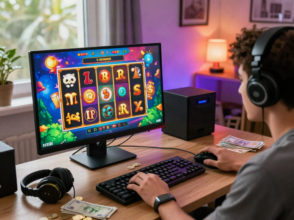 Player enjoying a slot jackpot game with vibrant graphics and gaming setup in a cozy environment.
