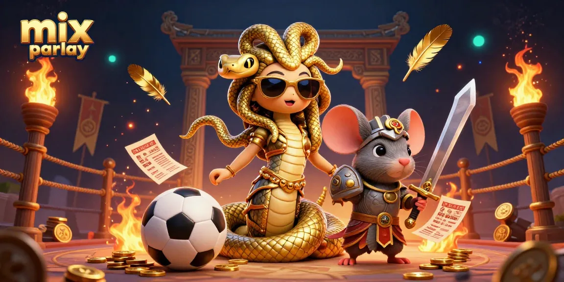 Engage in mix parlay betting with Medusa and a warrior mouse in this vibrant gambling illustration.