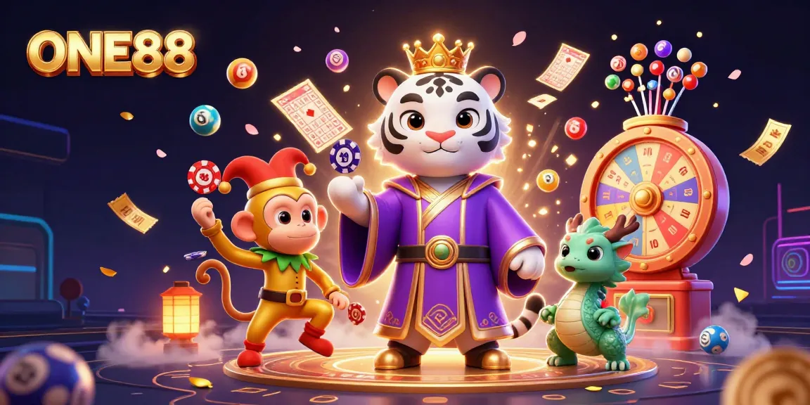 Experience the thrill of ONE88 casino with vibrant games and playful characters in a dynamic scene.