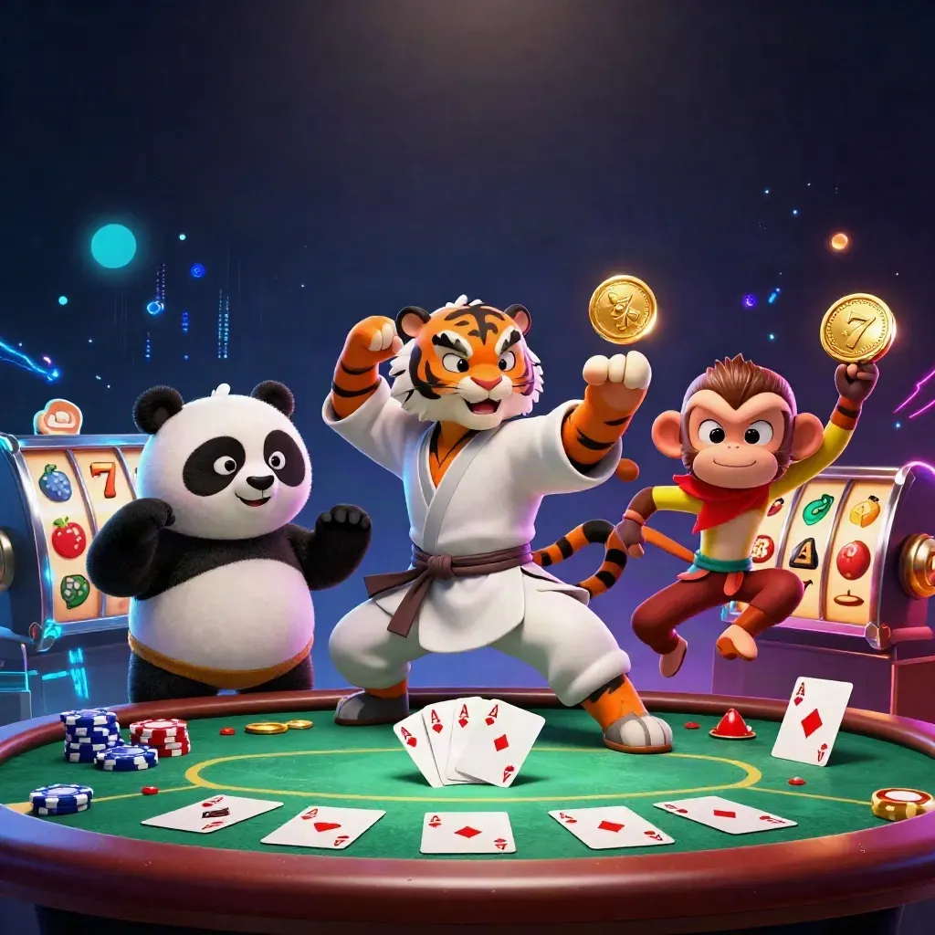 Kung-fu tiger, panda, and monkey amid poker chips, slot symbols, and neon casino magic.