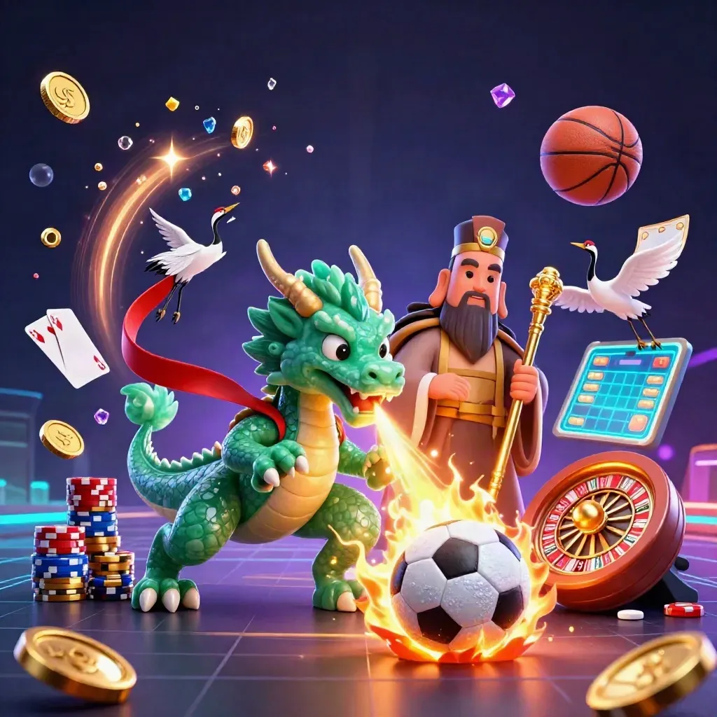 Fantasy soccer splash with dragon, turtle sage, cranes, coins, chips, and a glowing ball burst.