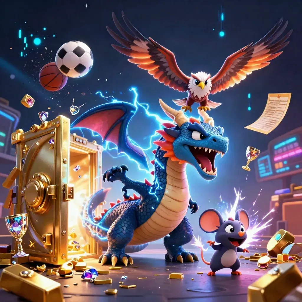 Dragon, hawk, and mouse amid vault gold, flying balls, lightning, and dark neon haze