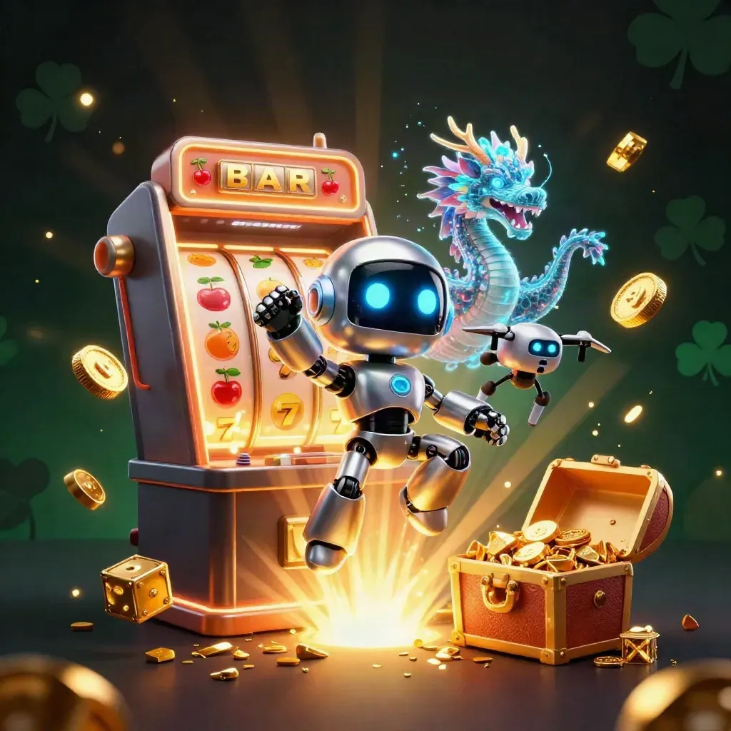 Cyberpunk robot, holographic dragon, and coin drone erupt from a glowing slot machine.