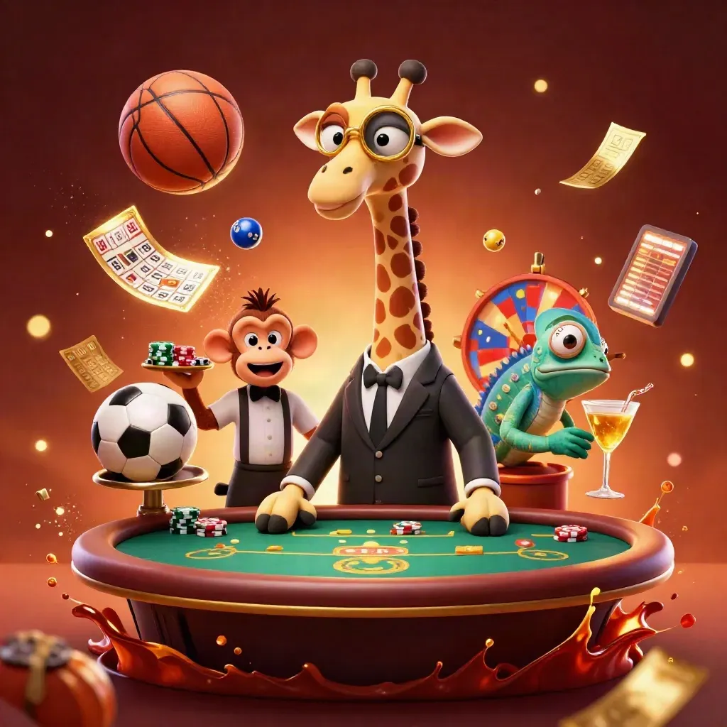 Cartoon giraffe, monkey, and chameleon amid flying basketballs, lottery balls, and casino glow.