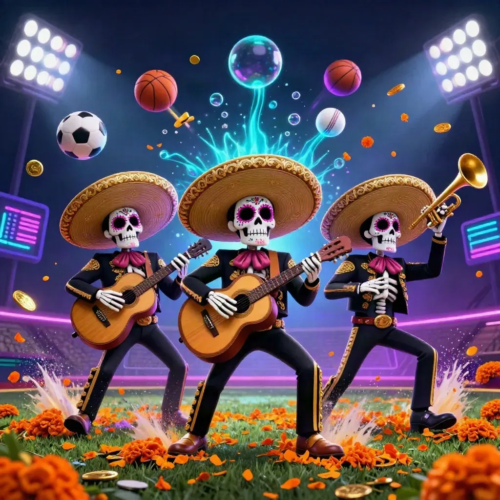 Skeleton mariachi trio amid flying sports balls, gold coins, and blazing stadium lights.