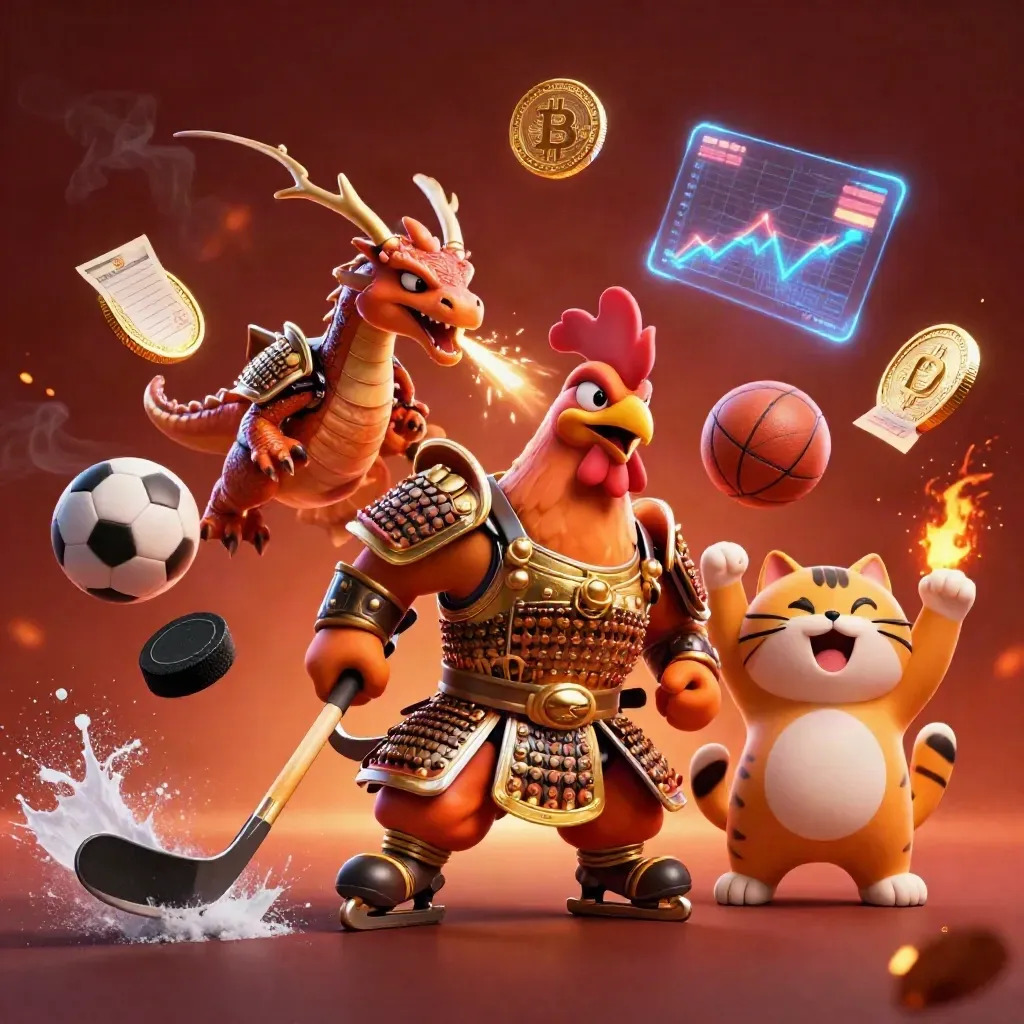 Ground-level fantasy hockey power play with rooster warrior, dragon hatchling, fortune cat, sparks and neon coins.