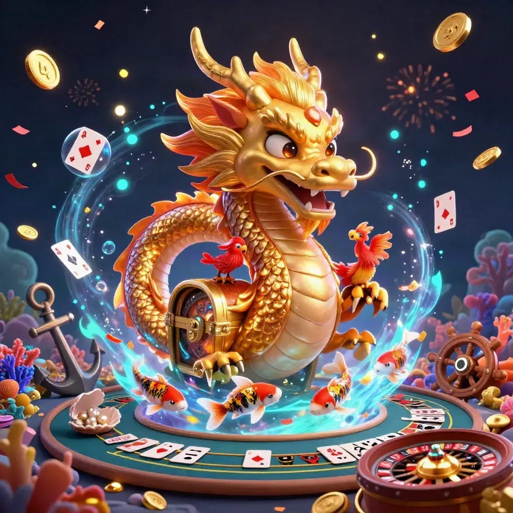 Golden dragon with phoenix and koi in a glowing treasure cove, casino lights and coins