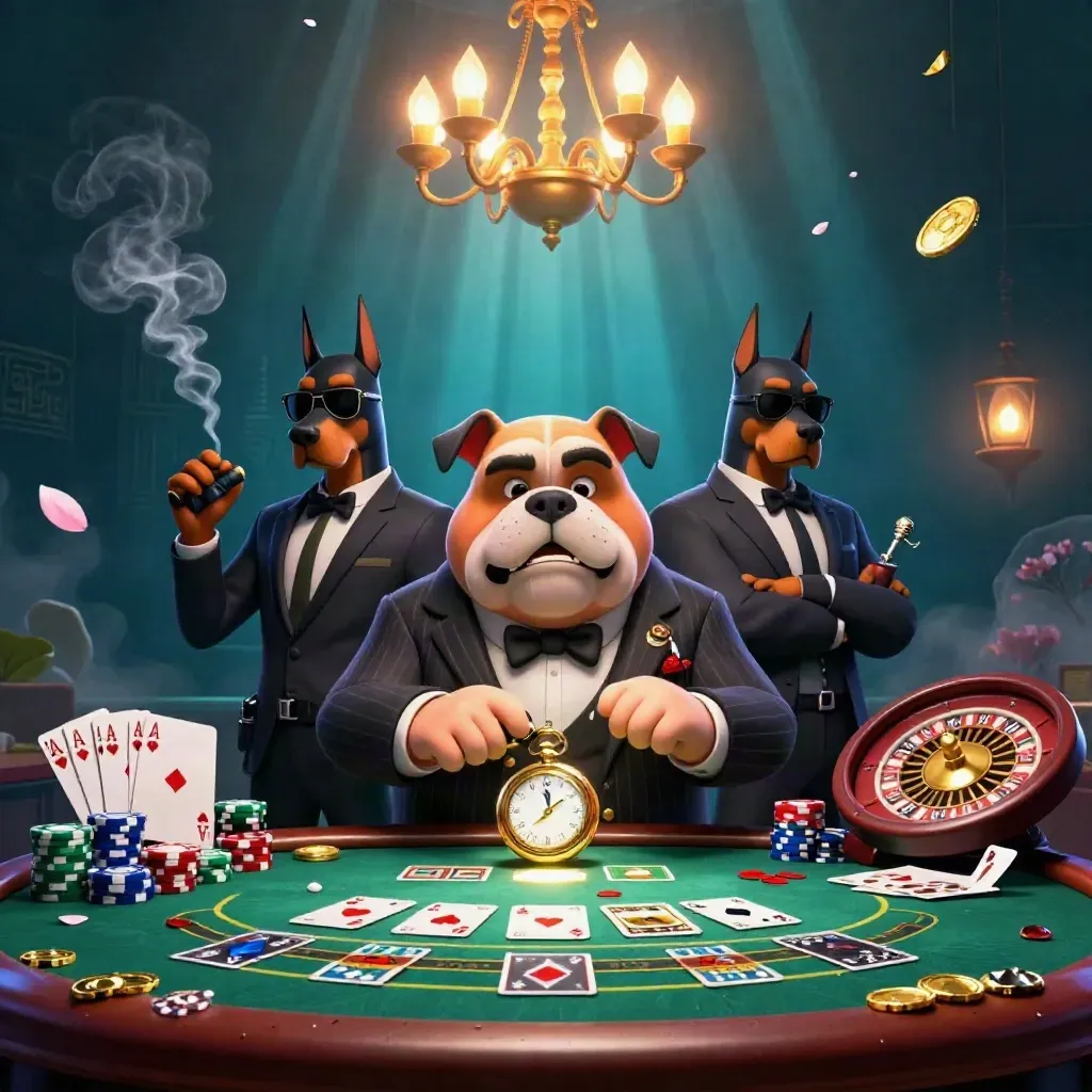 Bulldog boss and two Doberman guards at a packed casino table with chips, aces, roulette and glowing gold.