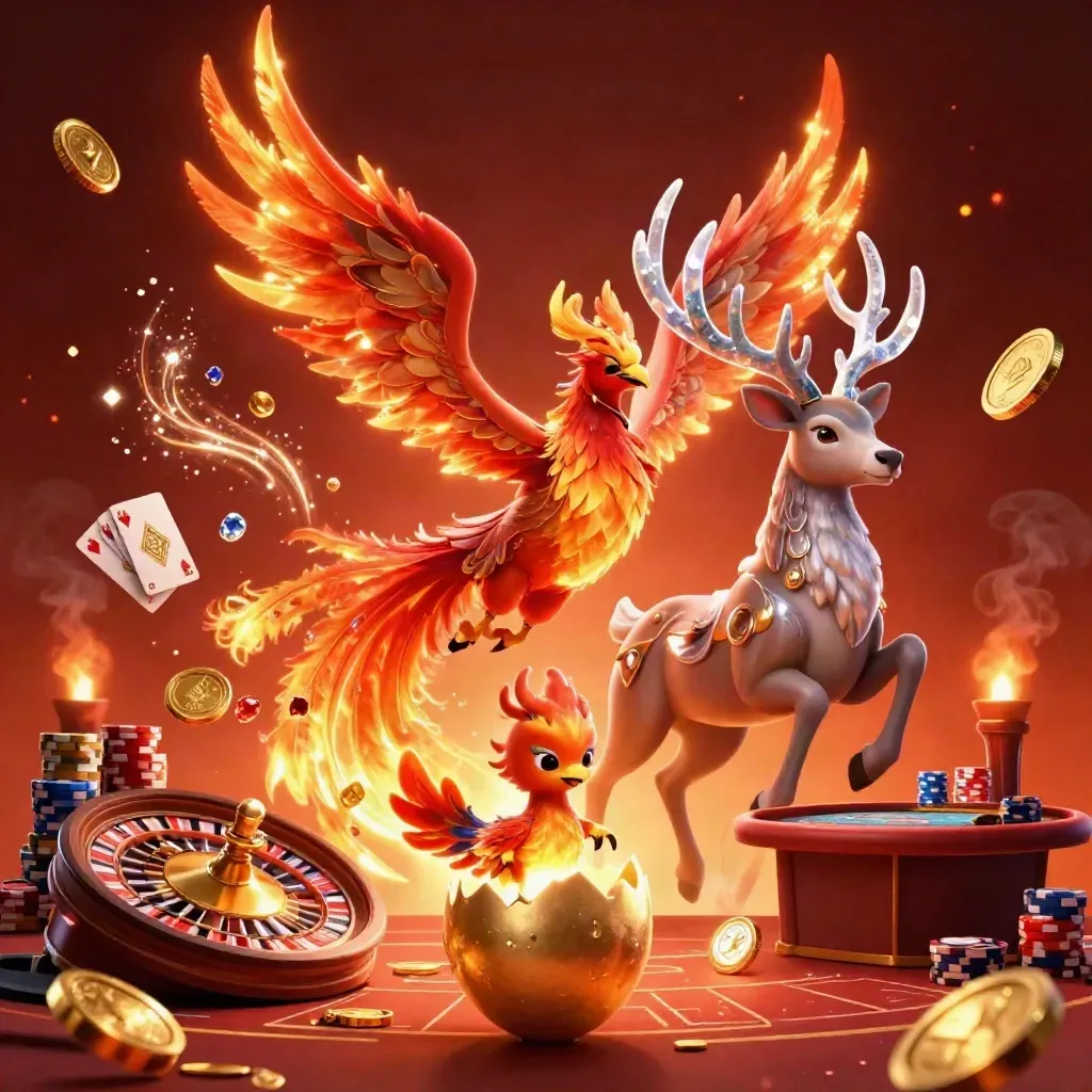 Fire phoenix, hatching baby phoenix, and crystalline stag in a luxe casino blaze.