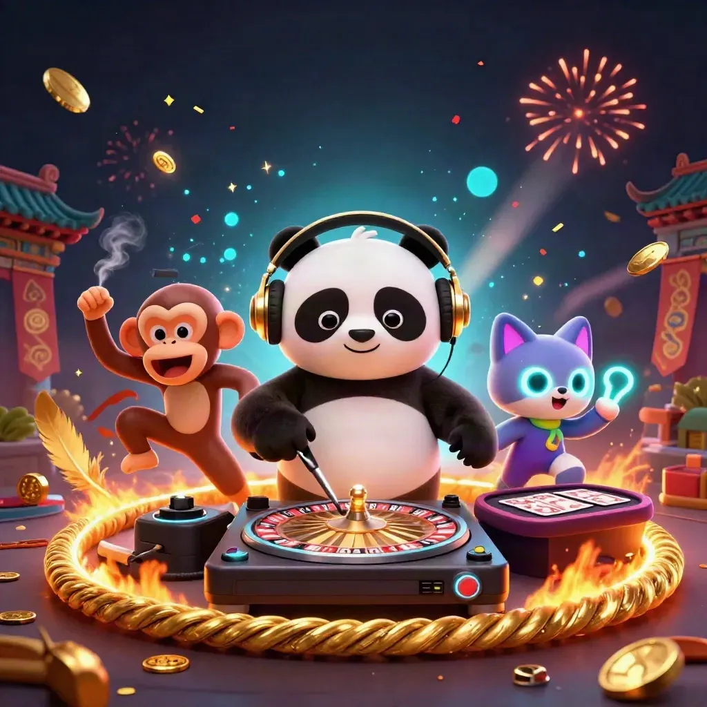DJ panda, breakdancing monkey, and glow-stick kitten in a neon casino forge scene