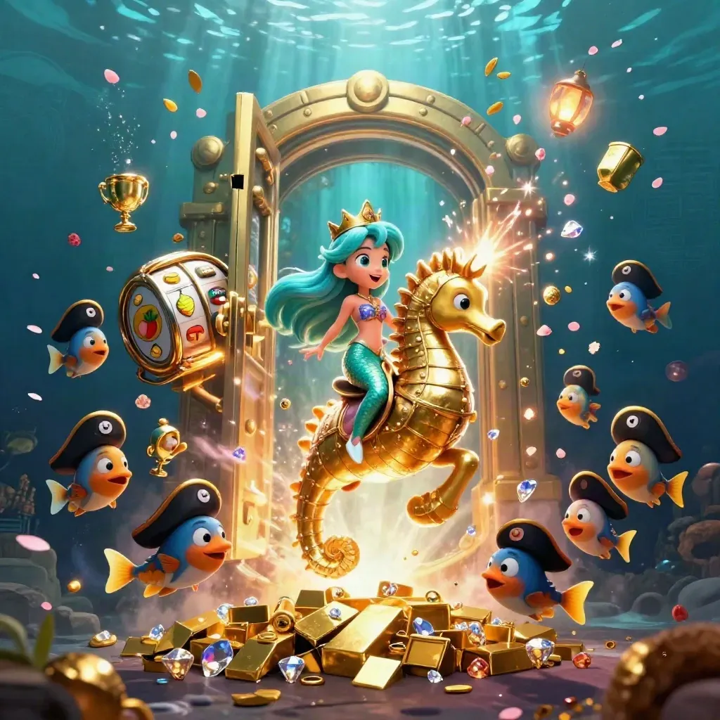 Mermaid princess rides armored seahorse as vault light and treasure burst in neon casino underwater chaos