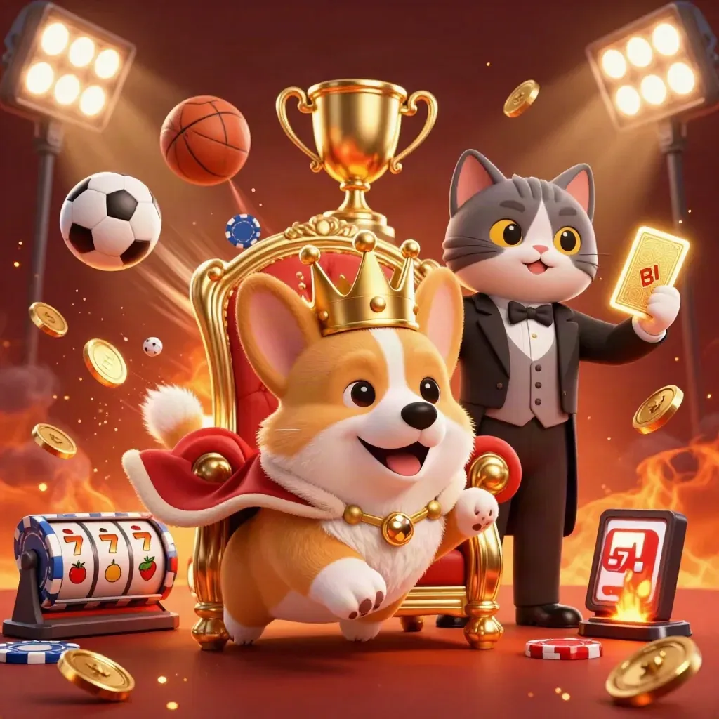 Royal corgi on chip throne with cat butler, sports balls, coins, trophy, fiery casino glow.