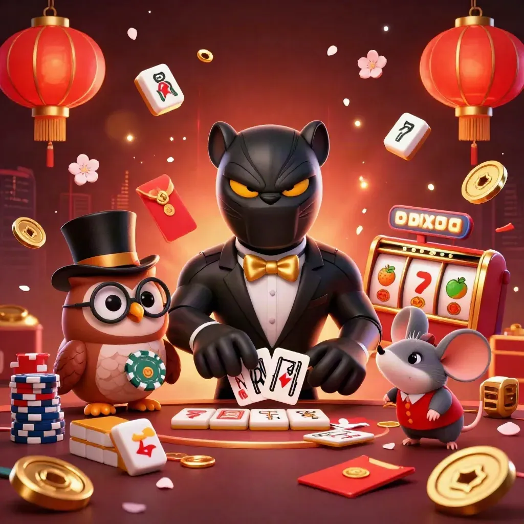 Panther, owl, and mouse gambling amid lanterns, coins, petals, and glowing orange casino sparks