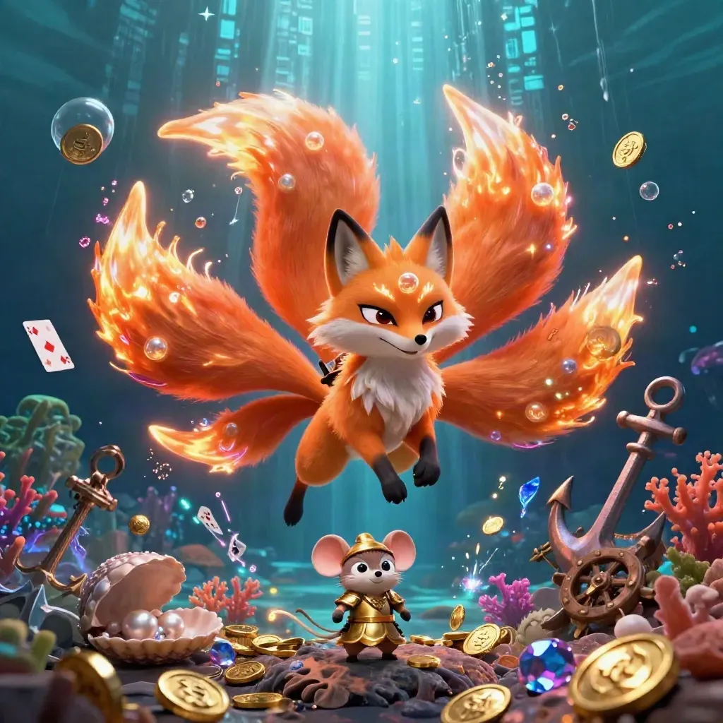 Nine-tailed fox spirit and samurai mouse in glowing underwater treasure cove, orange-gold key art
