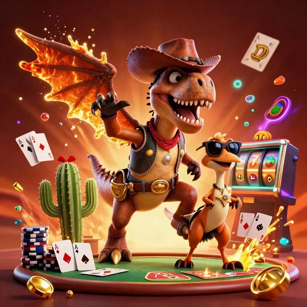 Cowboy T-Rex, cactus sidekick, and sheriff roadrunner amid exploding relics, chips, and neon casino effects.