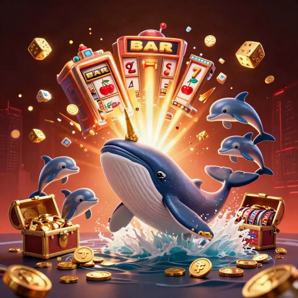 Captain whale, narwhal, and dolphins burst through coins with a glowing slot machine and treasure.