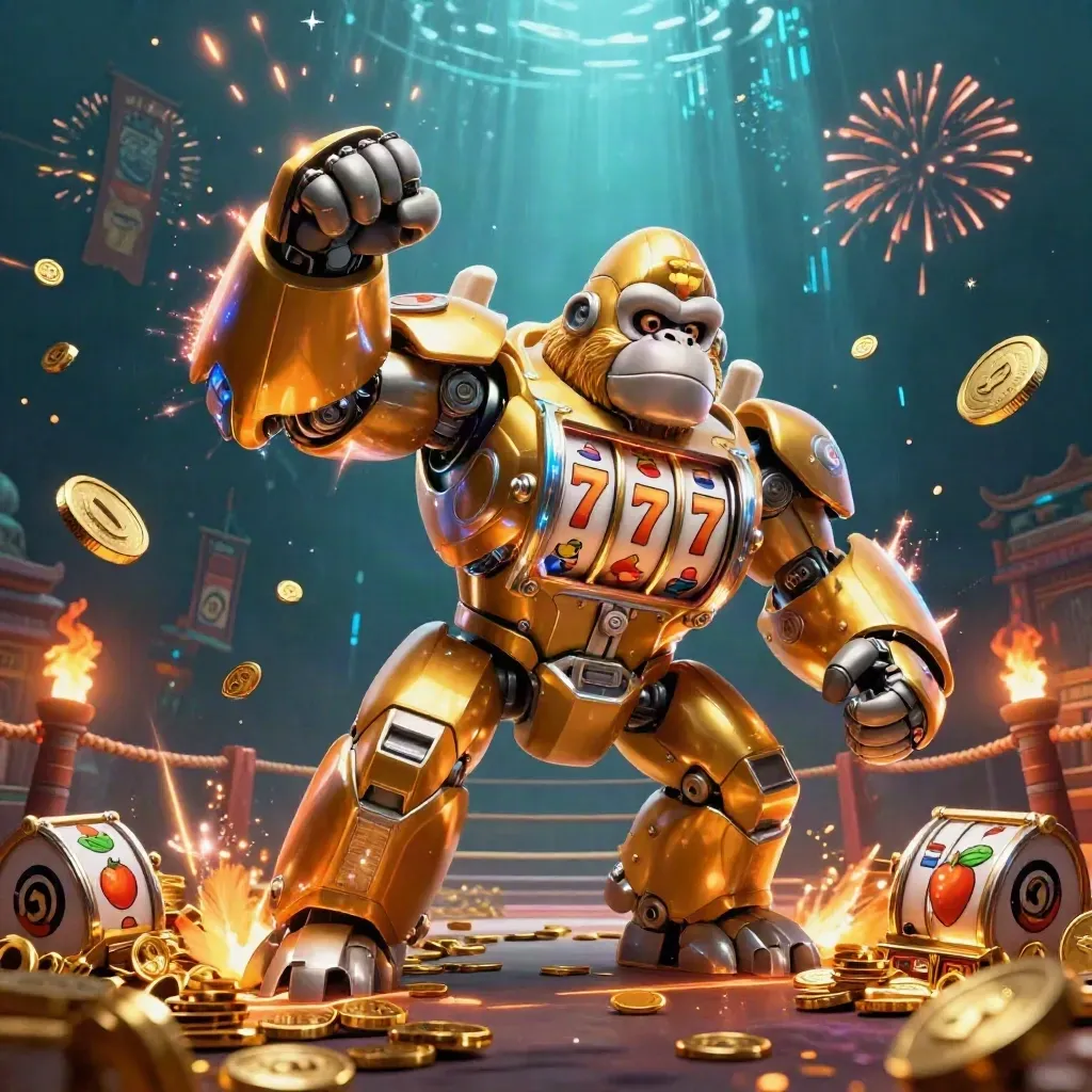 Golden gorilla mech with monkey pilot, exploding coins, reels, temple gate, and fireworks in neon casino style