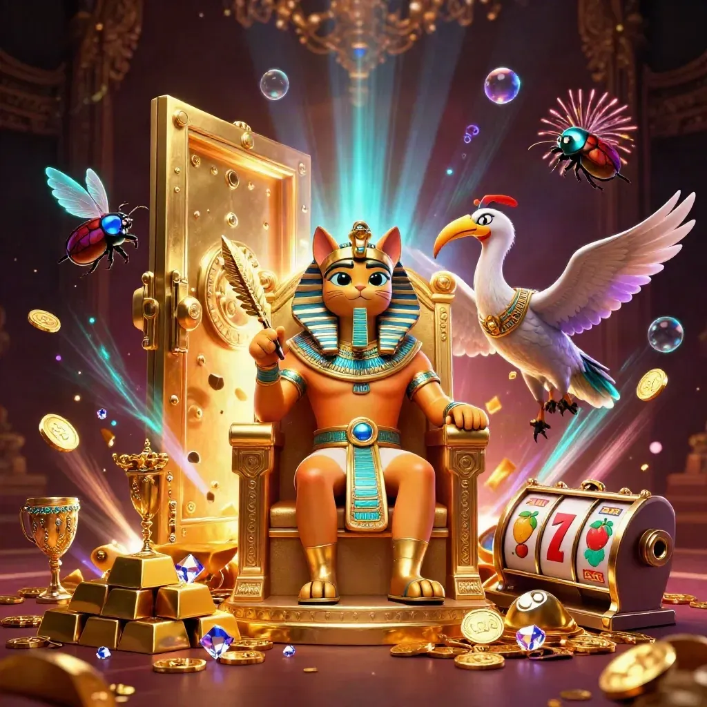 Pharaoh cat, ibis scribe and scarabs burst from a vault with coins, gems and slot symbols