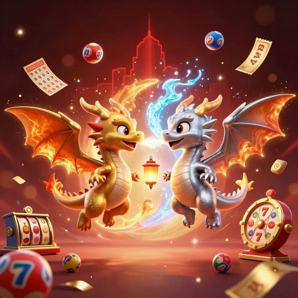 Twin gold and silver dragons with fire-ice yin-yang, casino symbols, and glowing neon action.