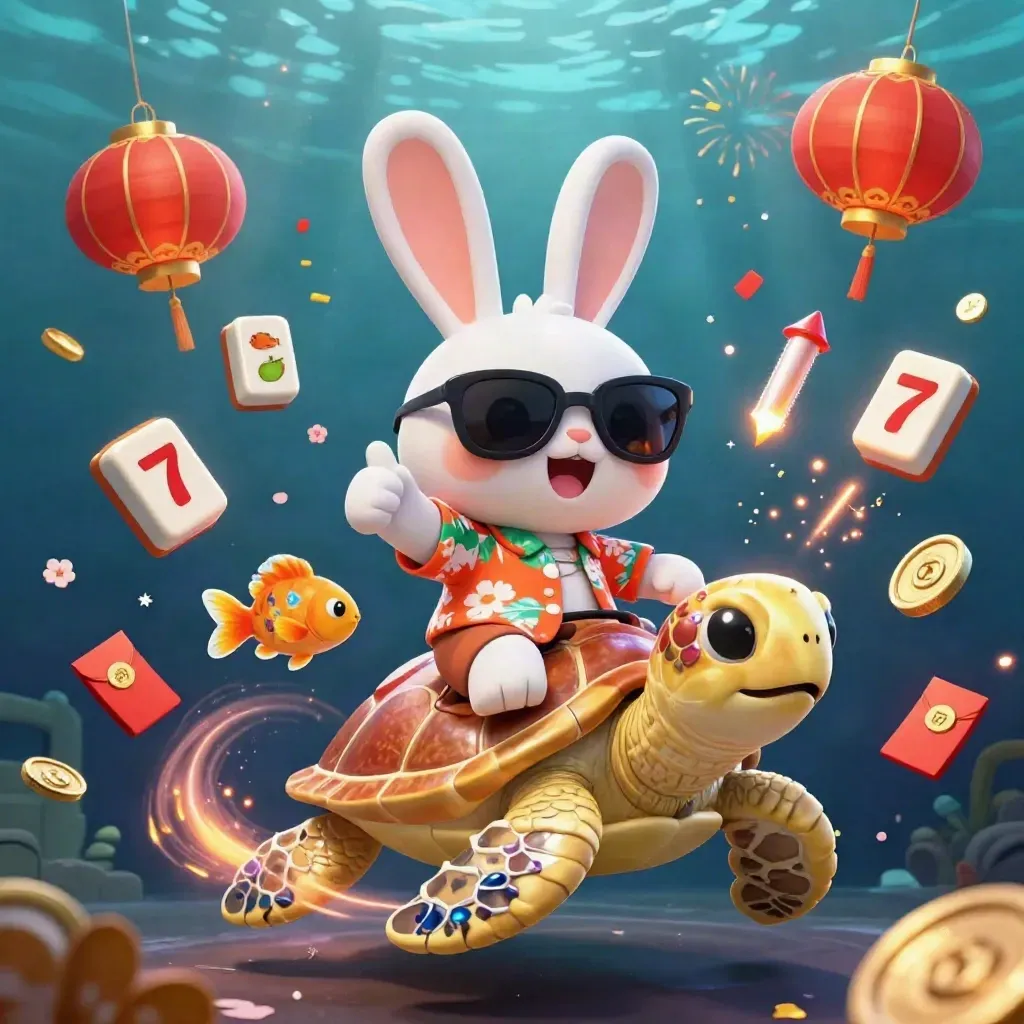 Rabbit rides jeweled sea turtle amid coins, lanterns, fireworks and slot symbols underwater.