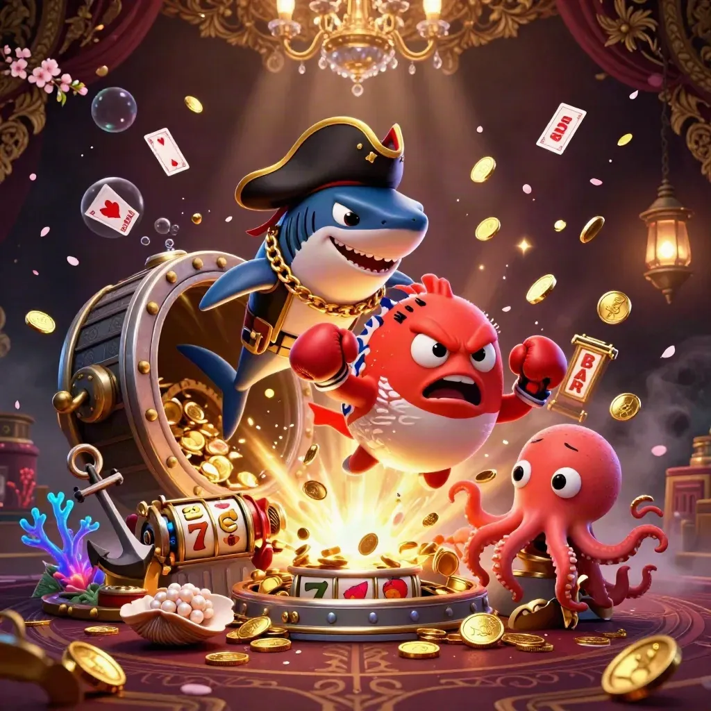 Pirate shark, boxing pufferfish, and coin-juggling octopus in a bursting underwater treasure cove.