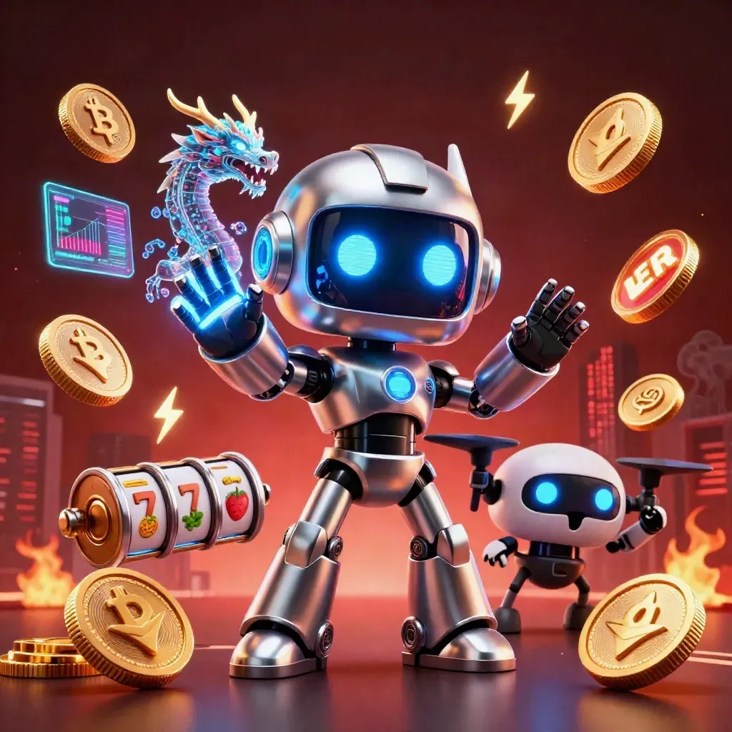 Cyberpunk robot, holographic dragon, and coin drone amid casino symbols, coins, lightning, and dark red neon effects.