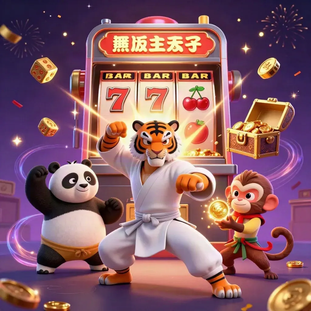 Tiger, panda, and monkey in a fiery slot-machine casino burst with gold and sparks.