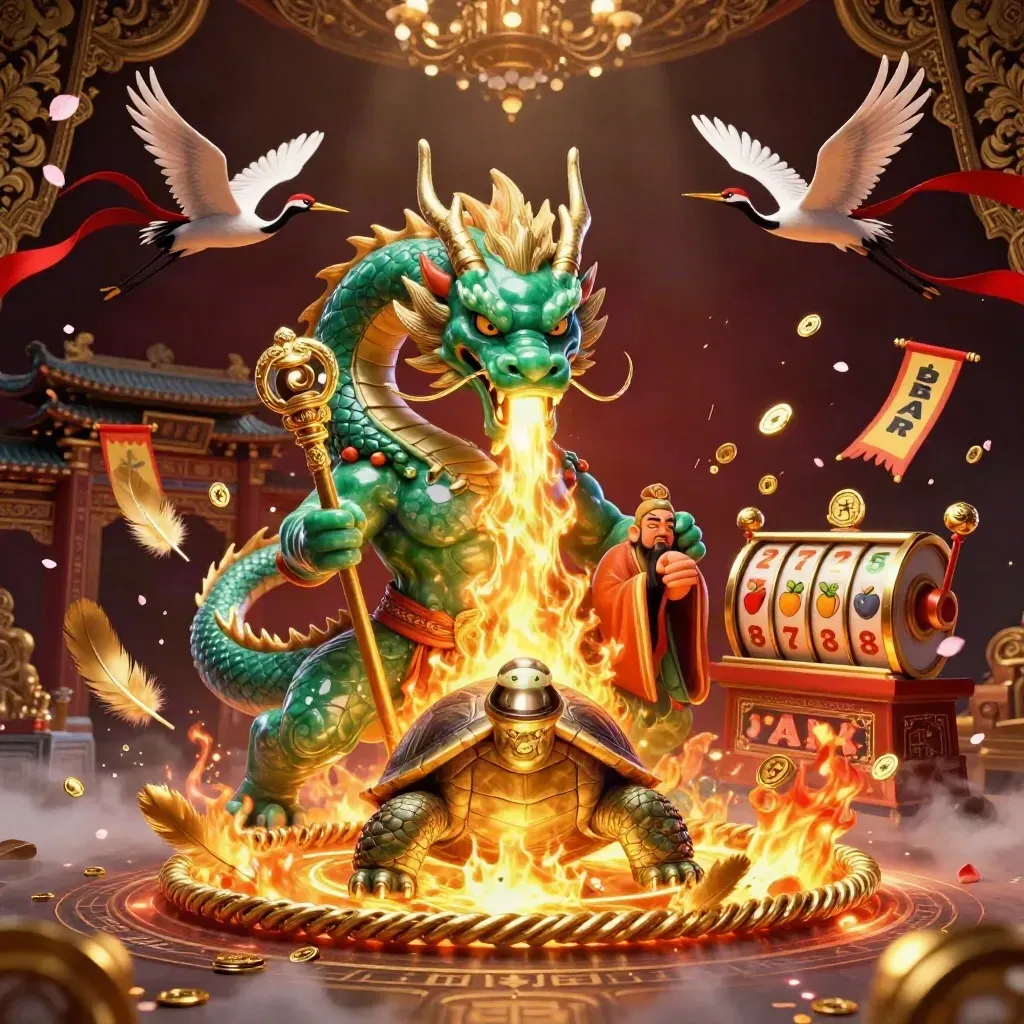 Emerald dragon, turtle sage and cranes amid gold fire, temple gate and slot symbols in dark luxury.