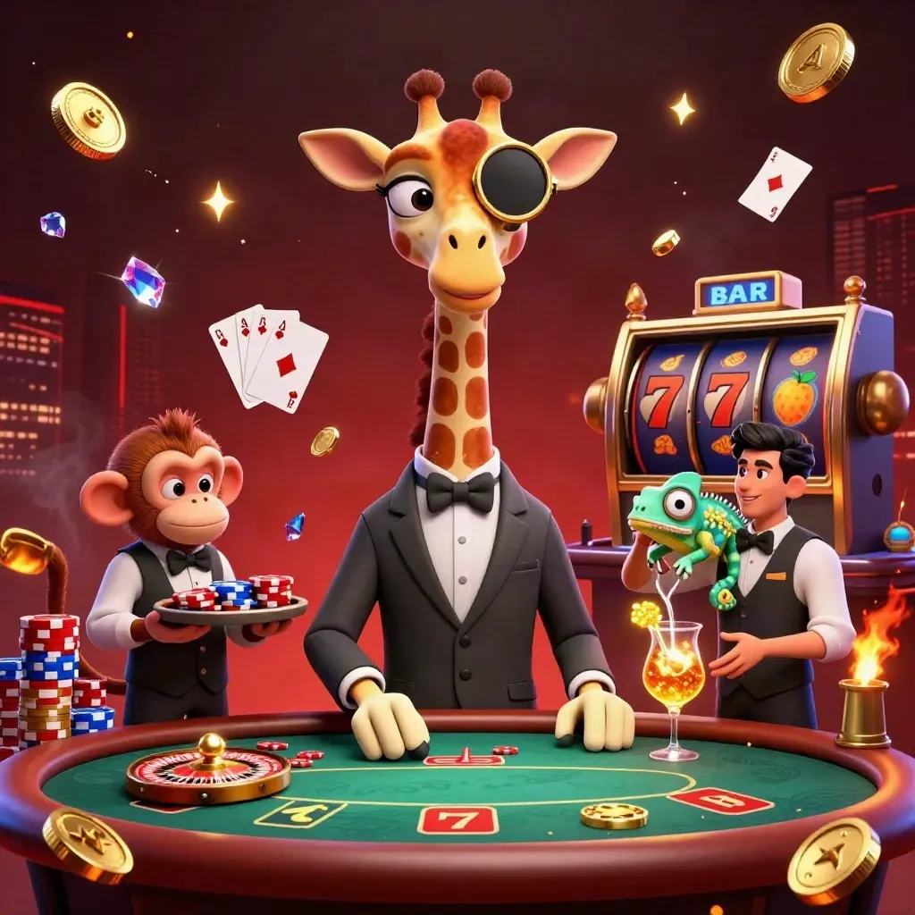 Giraffe, monkey valet, and chameleon bartender in a glowing casino poker scene with coins and chips