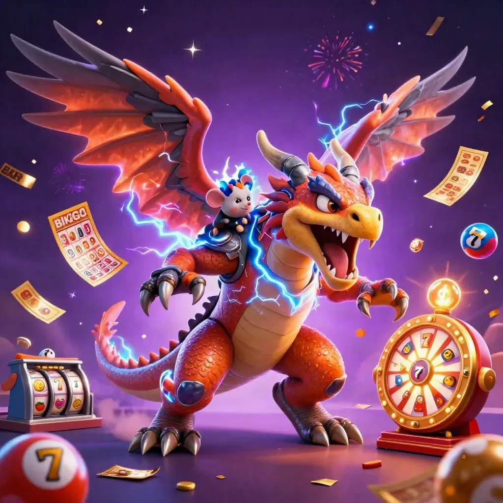Thunder dragon, wind hawk, and static mouse amid casino magic, reels, balls, and fireworks