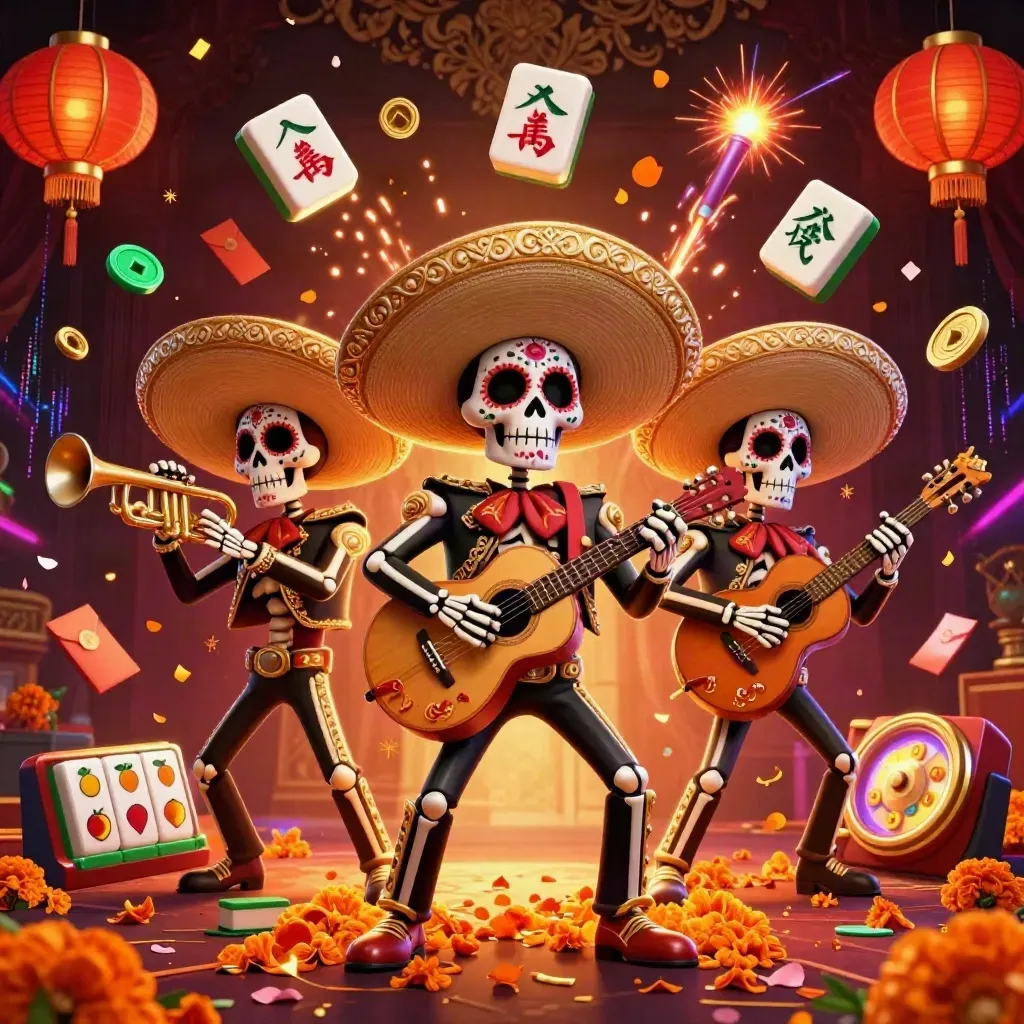 Skeleton mariachi trio amid casino symbols, neon energy, marigolds, and gold damask background.