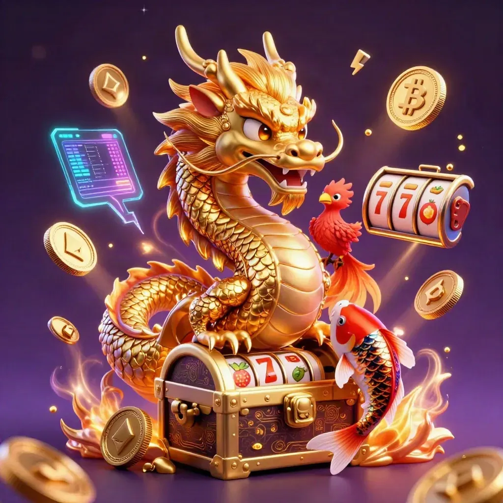 Golden dragon, phoenix, koi, and casino coins burst in a neon treasure scene.