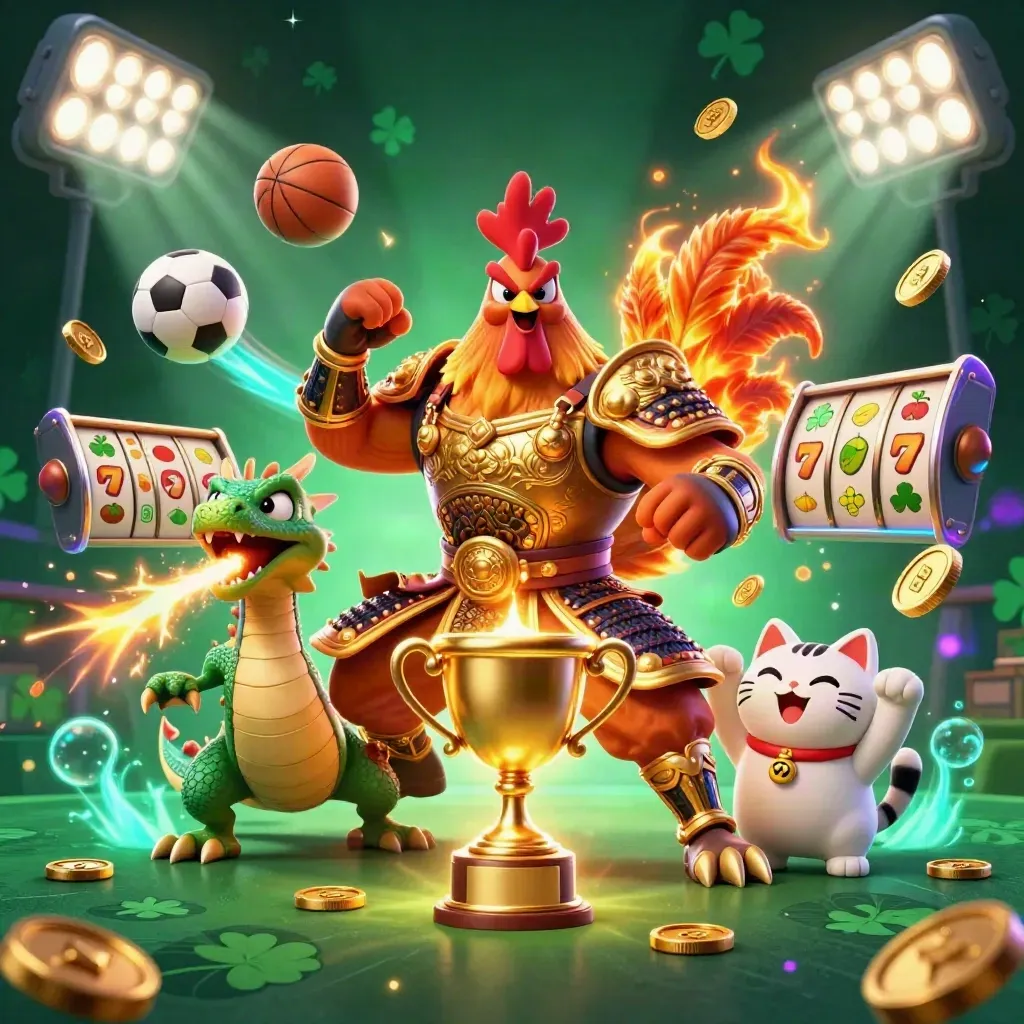 Rooster warrior, dragon hatchling, and fortune cat amid casino sparks and slot symbols.